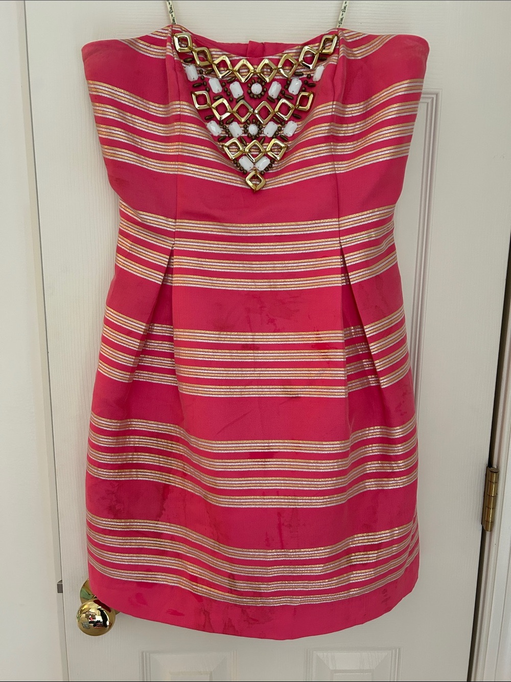 Lilly Pulitzer Strapless Pink & Gold Stripe Dress with Embellished Neckline